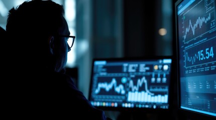 A person analyzing data on multiple screens in a dark environment.