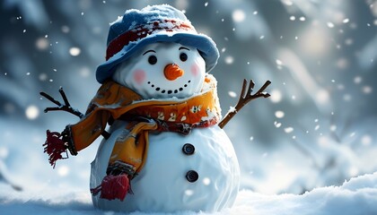 Joyful snowman holiday scene in winter wonderland captivating photography soft focus whimsical atmosphere seasonal cheer