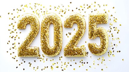 Shiny Gold Glitter '2025' Numbers on White Background with Golden Confetti, Creating a Festive and Joyful Flat Lay Composition in High-Resolution Vector Illustration