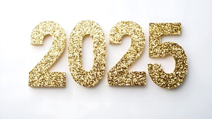 Shiny Gold Glitter '2025' Numbers on White Background with Golden Confetti, Creating a Festive and Joyful Flat Lay Composition in High-Resolution Vector Illustration