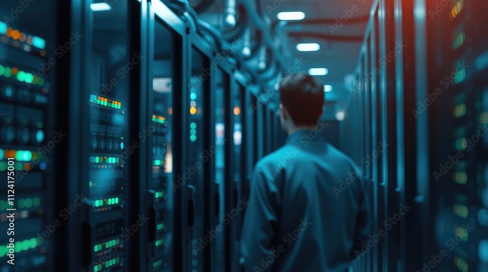 Poster a person walking through a server room filled with illuminated data equipment.