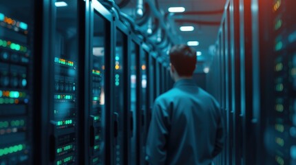 A person walking through a server room filled with illuminated data equipment.