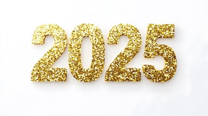 Shiny Gold Glitter '2025' Numbers on White Background with Golden Confetti, Creating a Festive and Joyful Flat Lay Composition in High-Resolution Vector Illustration