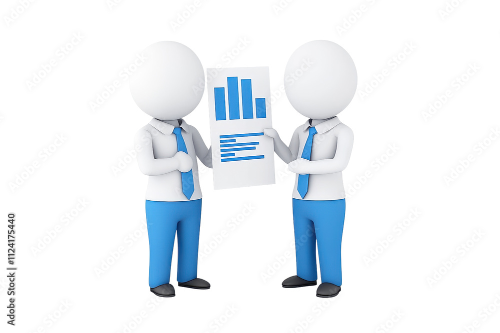 Poster two characters in business attire presenting a report with charts.