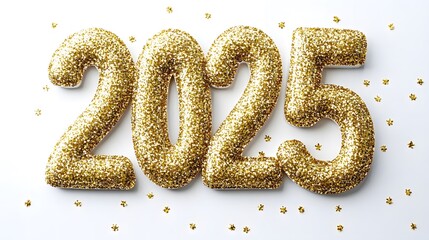 Shiny Gold Glitter '2025' Numbers on White Background with Golden Confetti, Creating a Festive and Joyful Flat Lay Composition in High-Resolution Vector Illustration