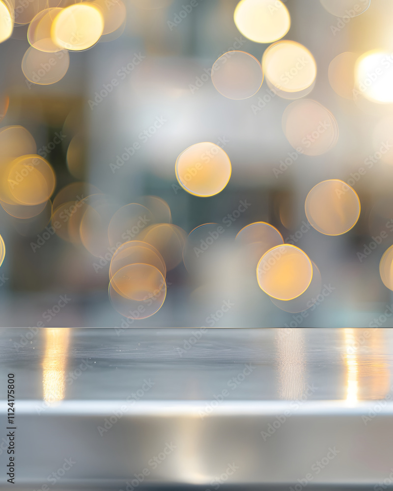 Poster a blurred background with soft bokeh lights and a shiny surface in the foreground.