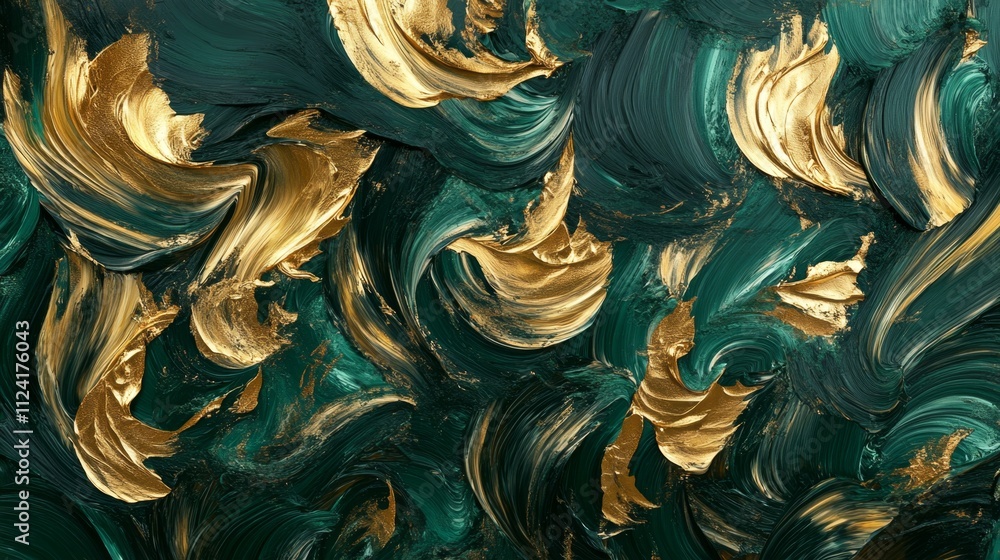 Poster dynamic gold and green abstract brushstrokes artistic creation studio setting close-up view modern c
