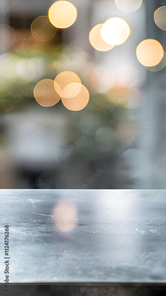 Poster a blurred background with soft bokeh lights over a metallic surface, suggesting a caf? setting.