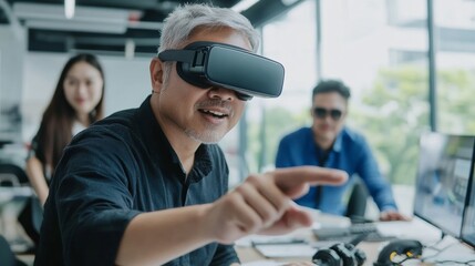 Game developer passionately presenting new game features to a group of intrigued colleagues, showcasing innovation and creativity in the gaming industry.