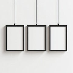 Three empty black frames hanging on a white wall, ready for artwork.