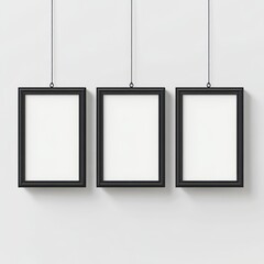 Three empty black-framed picture frames hanging on a white wall.