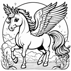 A cute, magical unicorn with wings, prancing and ready to take flight.