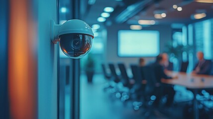 Dome security camera mounted on office wall monitoring modern conference room with meeting attendees