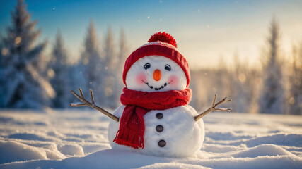 Fototapeta premium a funny snowman with winter holiday christmas background. on snowy snow snowscape.