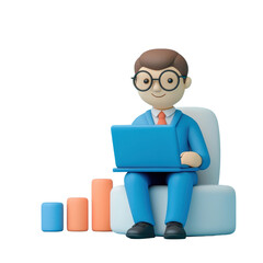 A stylized character in a suit sits on a chair, working on a laptop with colorful bar graphs beside him.