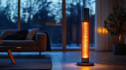 sleek modern electric heater stands upright on a clean, minimalist surface. Its compact design, metallic finish, and efficient form symbolize innovation, energy efficiency, and contemporary lifestyle