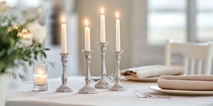 Elegant silver candlesticks exude grace on a beautifully arranged dining table, setting the perfect ambiance.