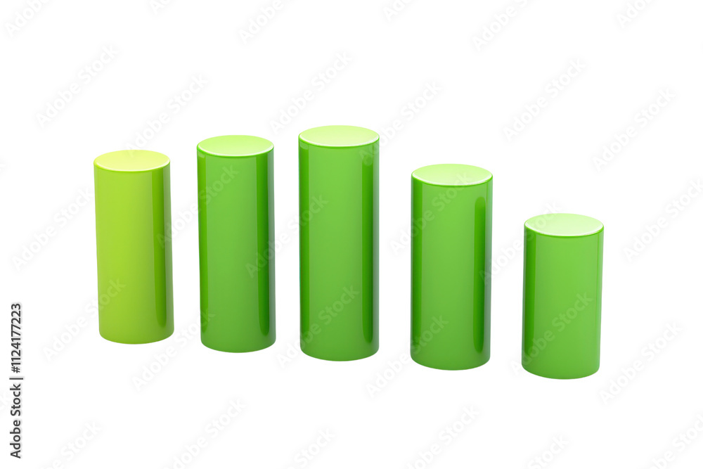 Poster five green cylindrical objects of varying heights arranged in ascending order, showcasing a gradient