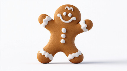 A happy welcoming gingerbread man with white icing on a white background smiling holiday Christmas cookie