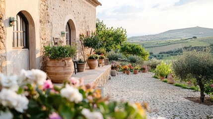 Obraz premium Cozy rustic villa exterior with beautiful flowering plants, stone pathway, and stunning countryside view at sunset in a tranquil Italian landscape