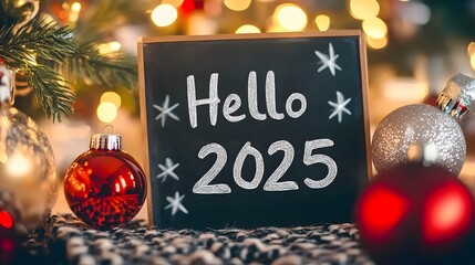 Festive 'Hello 2025' Chalkboard Sign Surrounded by Christmas Lights and Ornaments, Creating a Warm and Holiday-Themed Celebration Atmosphere
