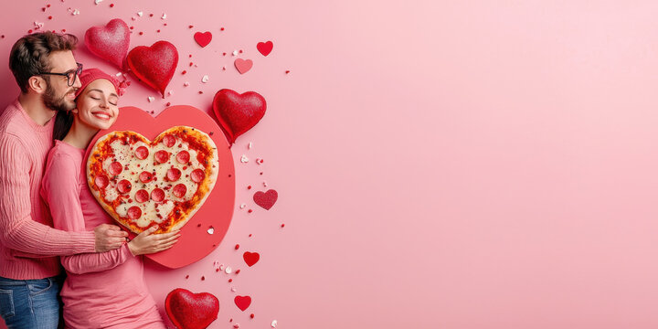couple enjoying heart shaped pizza surrounded by love themed decor