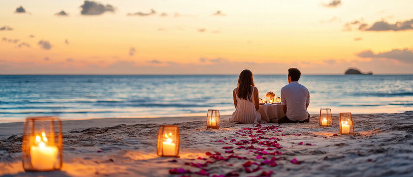 couple enjoying romantic dinner on beach at sunset, surrounded by candles - Powered by Adobe