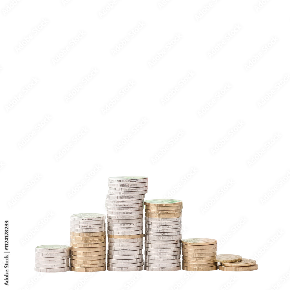 Poster a stack of coins arranged in ascending order, showcasing a variety of sizes and colors, representing