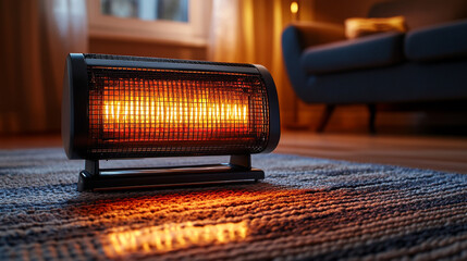 sleek modern electric heater stands upright on a clean, minimalist surface. Its compact design, metallic finish, and efficient form symbolize innovation, energy efficiency, and contemporary lifestyle