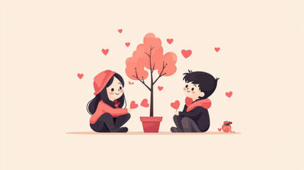 Couple planting love tree together, celebrating Valentine Day joyfully