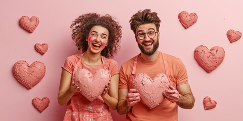 Couple holding pink heart shaped pottery, smiling joyfully together