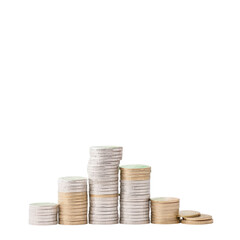 A stack of coins arranged in ascending order, showcasing a variety of sizes and colors, representing wealth and currency.
