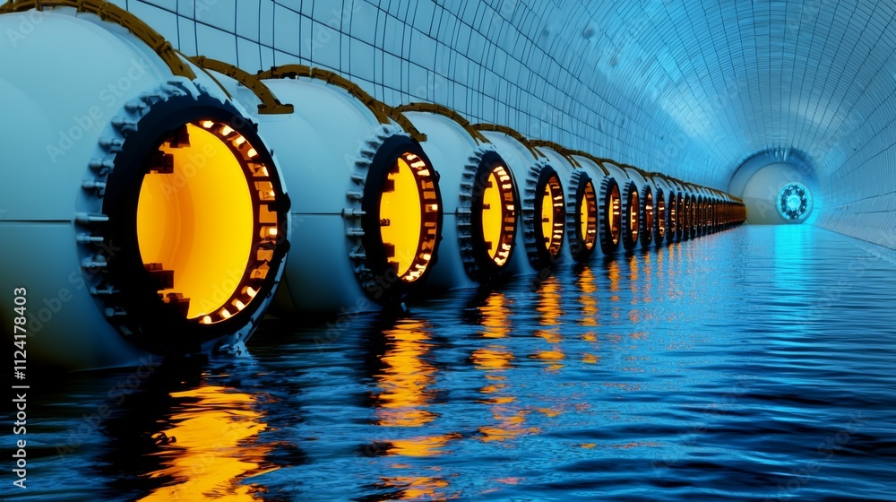 Poster underwater passageway illuminated by glowing orbs in a futuristic tunnel structure