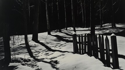 Winter night scene with snow-covered trees and wooden fence shadows