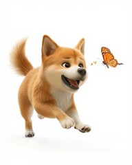 Fototapeta premium The adorable white Shiba puppy running on a white background, tongue lolling in a playful portrait