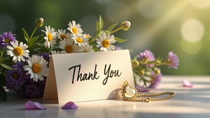 "A heartfelt wildflower arrangement featuring daisies, lavender, and greenery, paired with a handwritten 'Thank You' card. Soft sunlight enhances its delicate charm, radiating elegance."