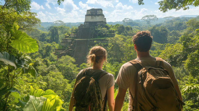 Explorers admiring ancient Mayan ruins in lush jungle