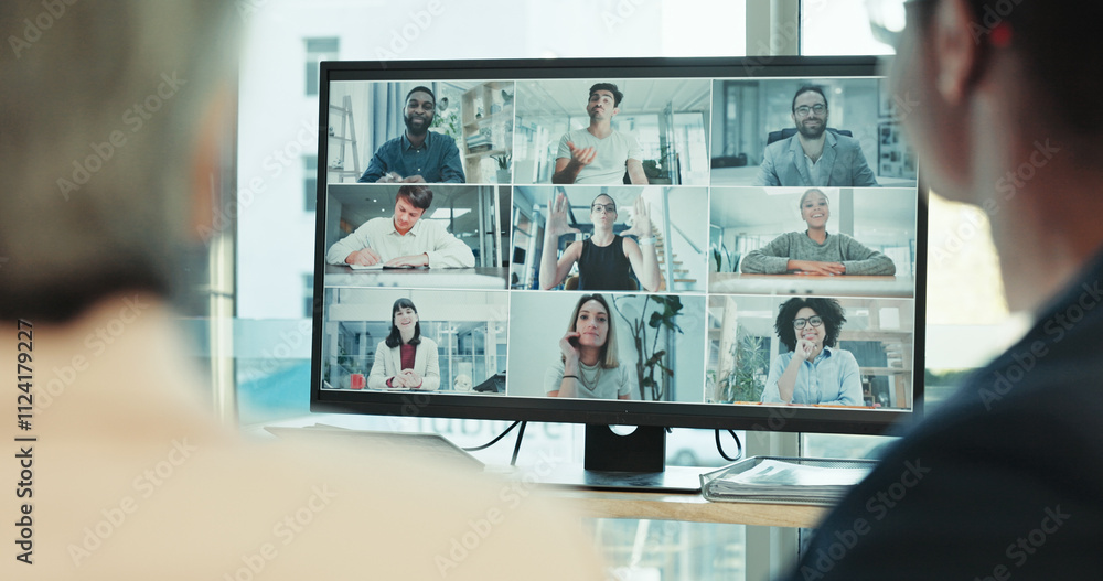 Poster video call, computer screen and online meeting with business people in office for monitor, contact a