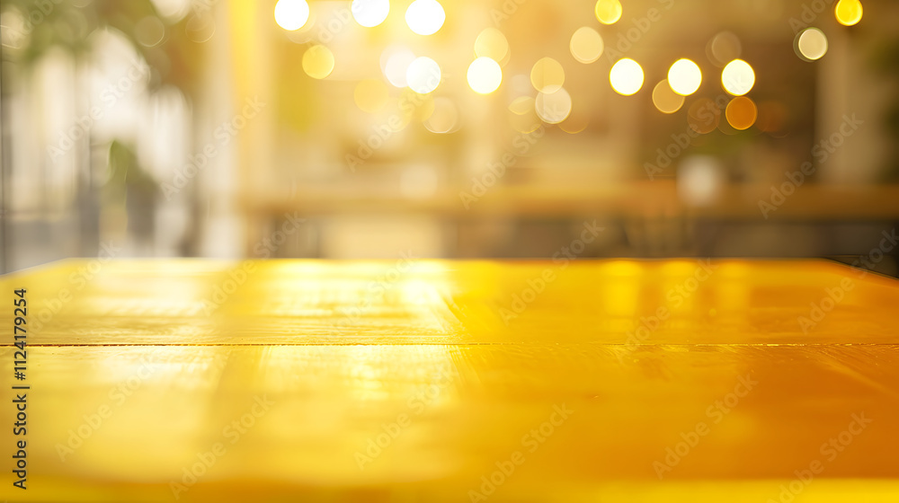 Aufkleber a blurred view of a wooden table with warm lighting and bokeh effects in a cafe setting.