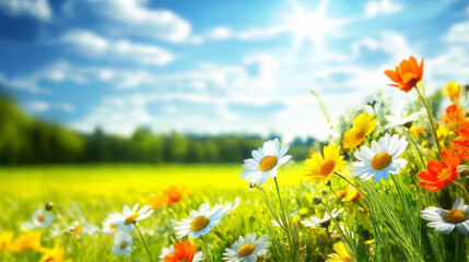 Banner of : flowers field Panoramic meadow with wildflowers of mountains, bright blue sky and clouds. Cheerful nature landscape with copy space, background.	