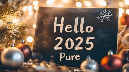 Festive 'Hello 2025' Chalkboard Sign Surrounded by Christmas Lights and Ornaments, Creating a Warm and Holiday-Themed Celebration Atmosphere