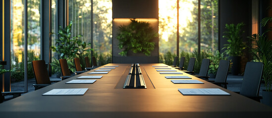 Empty office conference, prepared documents, sleek design