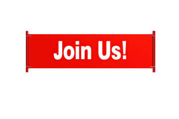 A vibrant red banner displaying the text "Join Us!" in bold black letters, inviting participation or engagement.