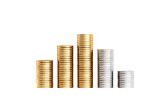 Stacked coins in varying heights, showcasing a mix of gold and silver tones, representing financial growth and investment.