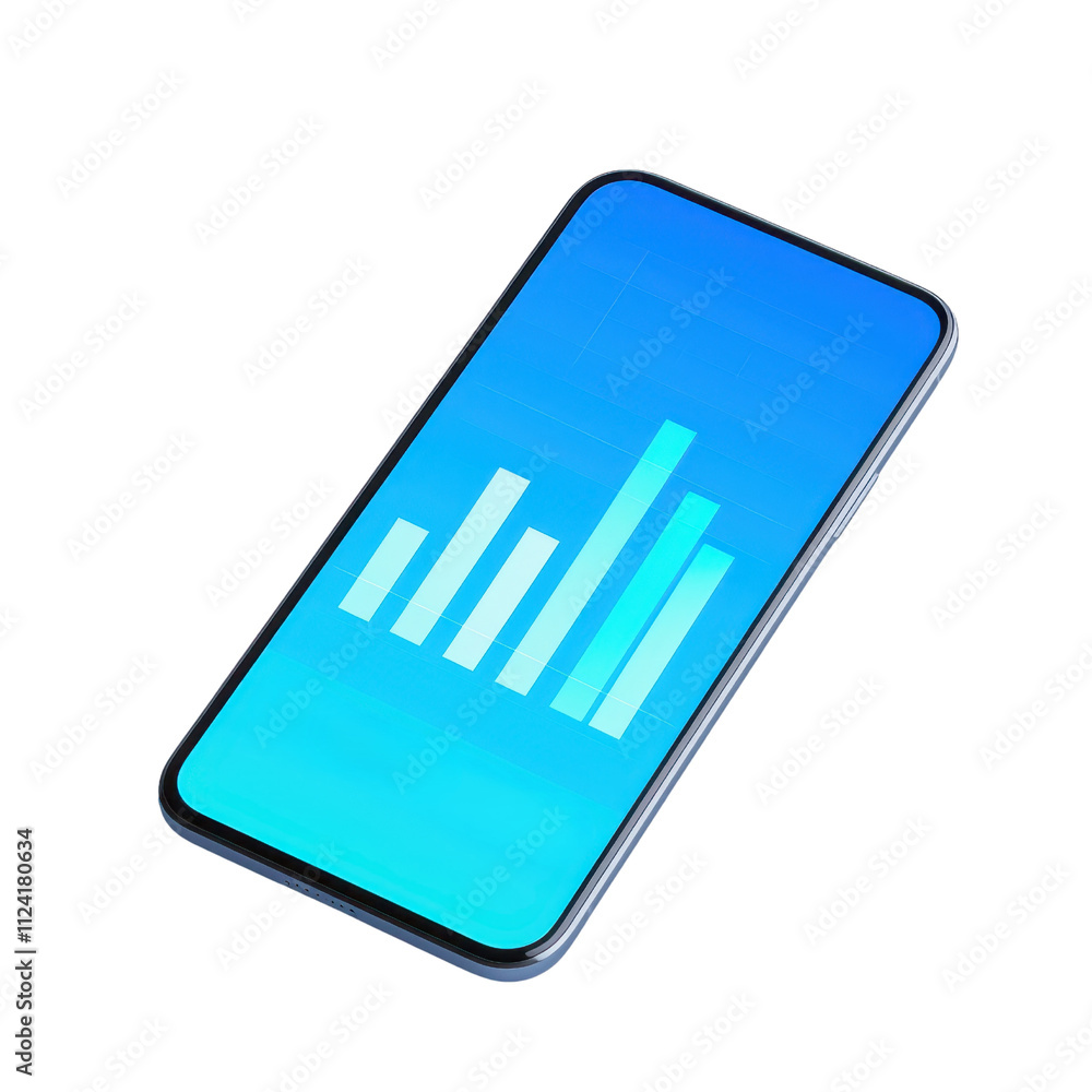 Poster a modern smartphone displaying a blue gradient screen with upward bar graphs, symbolizing growth or 