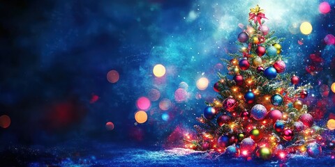 Naklejka premium Colorful Christmas Tree with Bright Decorations Set Against a Blue Background, Capturing the Essence of Holiday Cheer and Festive Spirit