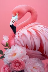 Naklejka premium A vibrant pink flamingo gracefully poses among lush pink peonies against a soft pastel background. Generative AI