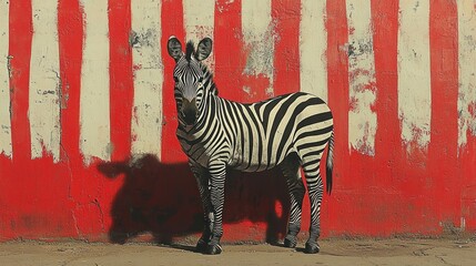 Zebra standing before a red and white striped wall.