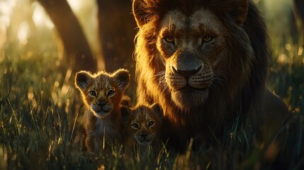 Lion with Cubs Sitting on Grass with Soft Sunlight