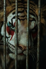 A striking anthropomorphic tiger gazes intently while behind bars, showcasing its vivid facial markings and piercing eyes. Generative AI